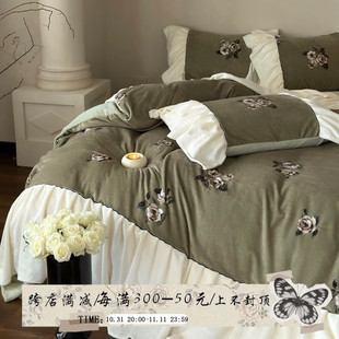 庄园诗人法式 保暖牛奶绒四件套加厚短毛绒印花被套床单 复古冬季