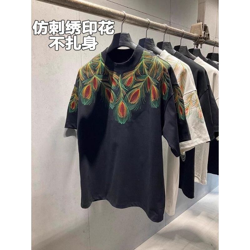 特大码300斤美式复古仿刺绣印花圆领短袖T恤男女夏季宽松纯棉上衣