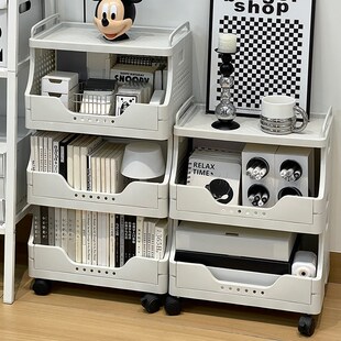 可移动书架书桌旁带o轮子置物架落地书柜办公桌下小推车文件收纳