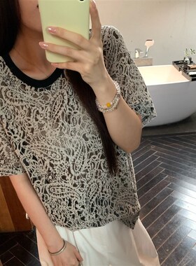 NAZ那子大尺码夏季绒感镂空腰果花蕾丝上衣胖mm设计感肌理洋派T恤