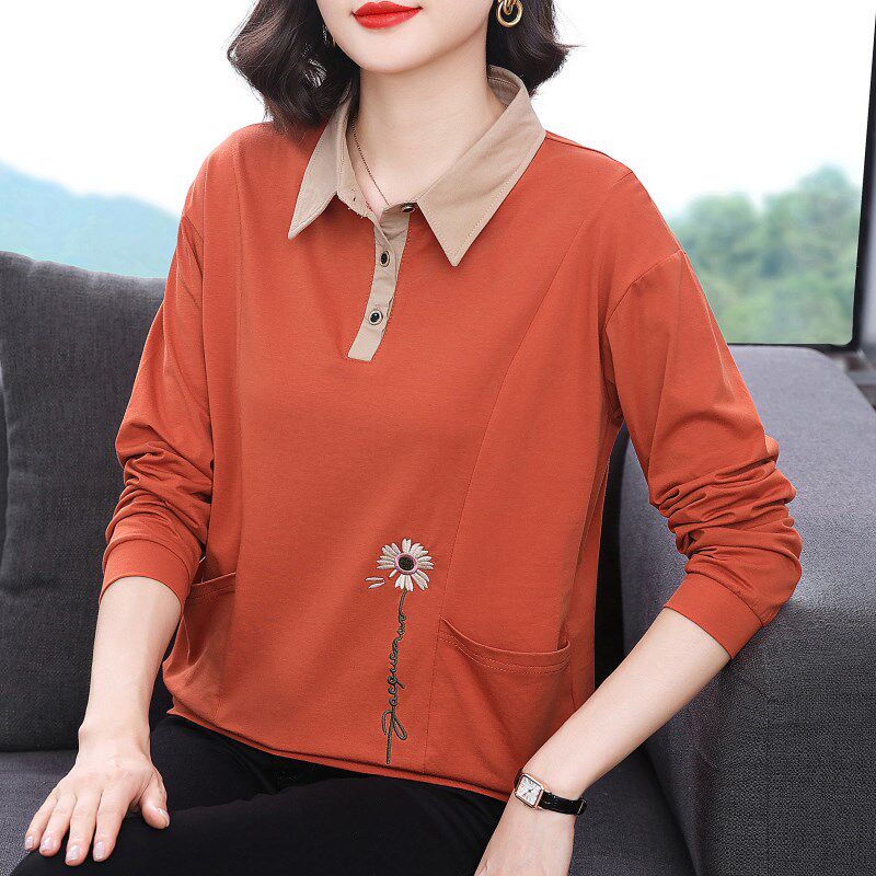 纯棉长袖t恤女 2024春装新款减龄外穿上衣中老年妈妈洋气打底小衫