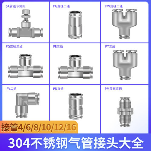 不锈钢气管快速气管接头304直通三通变径快插管道节流阀PU/PG/PE