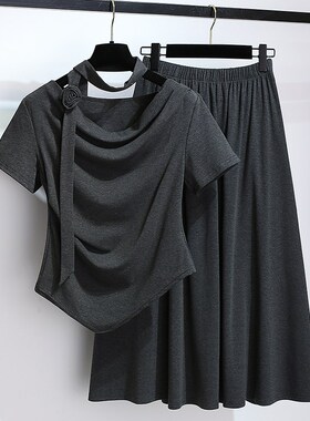 超火深灰色不规则短袖T恤配半身裙女两件套装2025夏装新款一整套