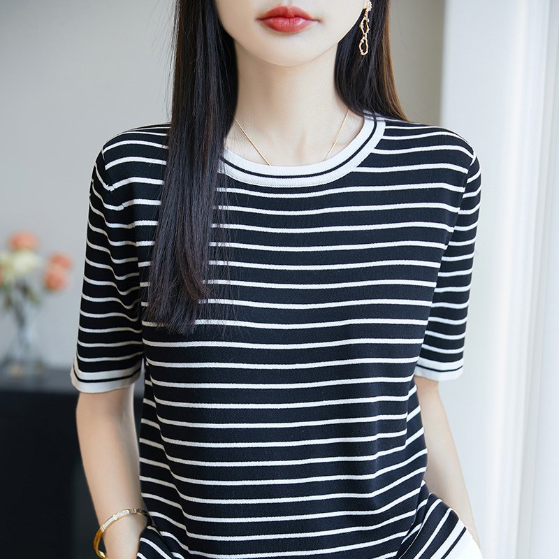 黑白条纹短袖女2025夏季新款冰丝针织高级感半袖洋气减龄t恤上衣图片