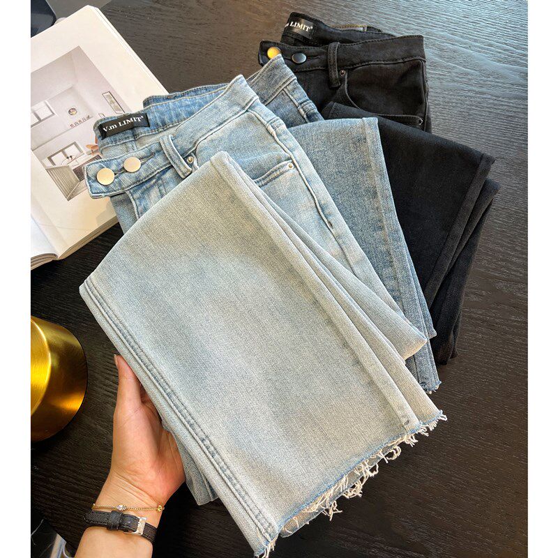 巨显腿直!!浅蓝色直筒毛边九分牛仔裤女高腰显瘦宽松长裤春季新