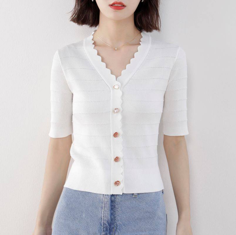 夏季新款冰丝针织衫女高腰上衣短袖开衫v领薄款短款白色t恤打底衫
