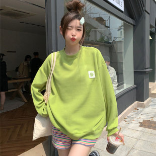 秋加绒加厚多巴胺穿搭芥末绿色卫衣外套女生正肩上衣慵懒风套头