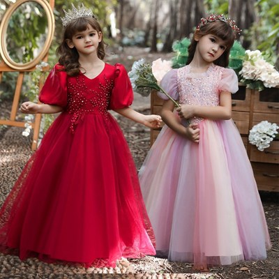 女童公主裙网纱蓬蓬裙泡泡袖晚礼服婚纱走秀演出连衣裙长款表演服