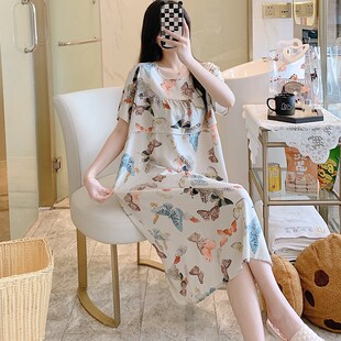 棉绸睡裙女夏季加大码短s袖薄款绵绸睡衣防透家居服甜美长款连衣