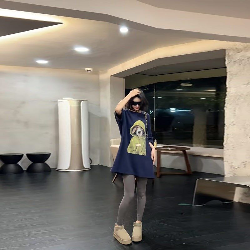 胖妹妹短袖带帽狗大版上衣大码女装韩版秋冬款休闲遮肚子百搭T恤