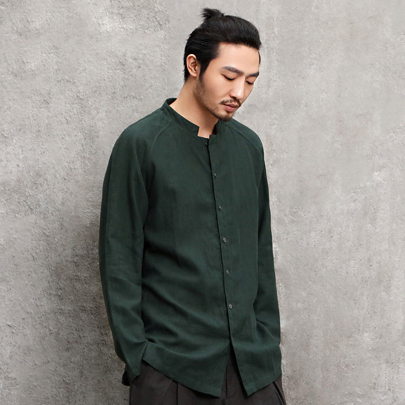 楠中国风男装麻衬衫男秋季上衣男新中式立领休闲宽松亚麻衬衣名迹