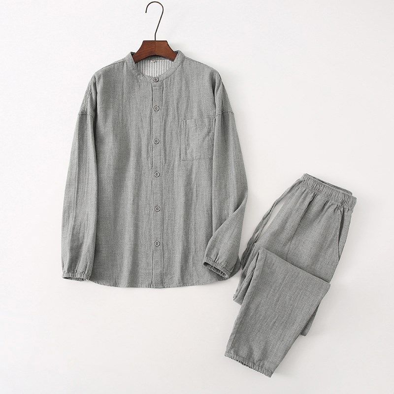 春秋全棉双层纱布男士长袖睡衣无领春夏薄款纯棉情侣棉麻家居服女