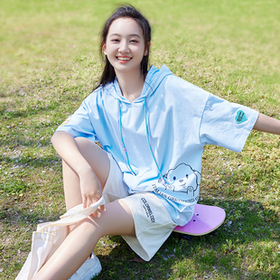 初中生夏装套装短裤短袖T恤连帽套头衫休闲运动上下两件套学生女