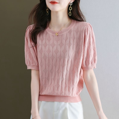 气质泡泡袖冰丝薄款短袖T恤新款上衣女士夏季内搭宽松百搭针织衫