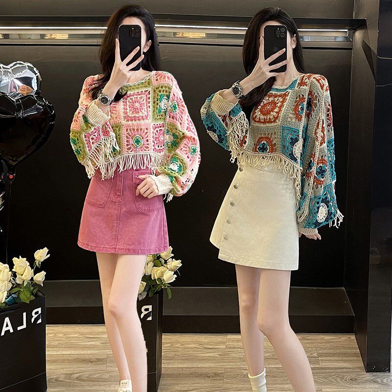 设计高级感镂空上衣女春夏新款针织罩衫搭配A字牛仔短裙两件套装