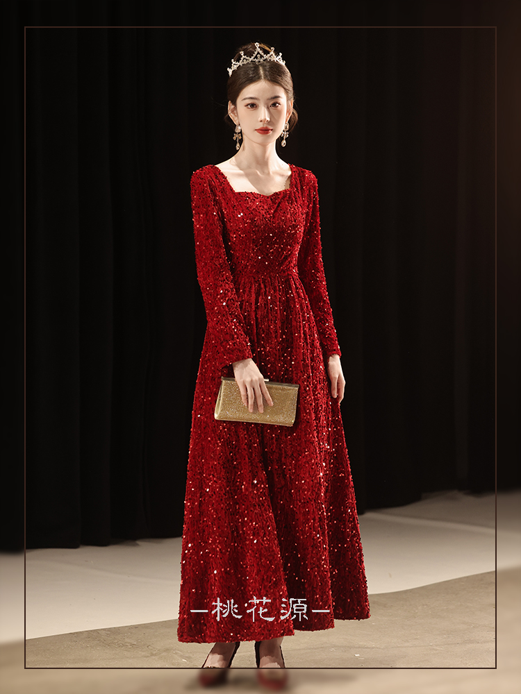 大码敬酒服亮片显瘦新娘结婚出阁礼服孕妇遮肚胖mm法式订婚连衣裙