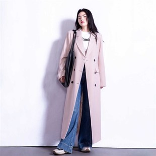 超长款西装外套女2024春韩版白色宽松气质高个子过膝及踝粉色风衣