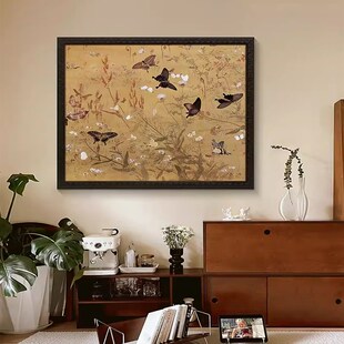 手绘油画百蝶g图客厅装饰画中古风餐厅挂画法式横版沙发背景墙壁