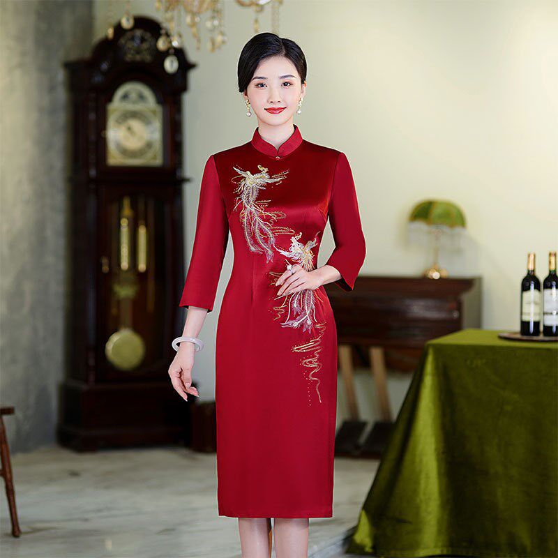 喜妈妈喜婆婆旗袍高档醋酸缎礼服平时可穿丈母娘订婚宴婚宴装洋气