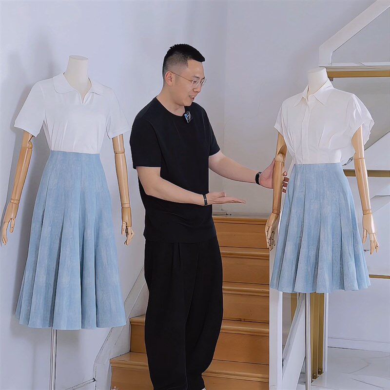 杰唯卡 重工水洗炒色牛仔裙25春夏高腰显瘦百搭优雅复古半身伞裙