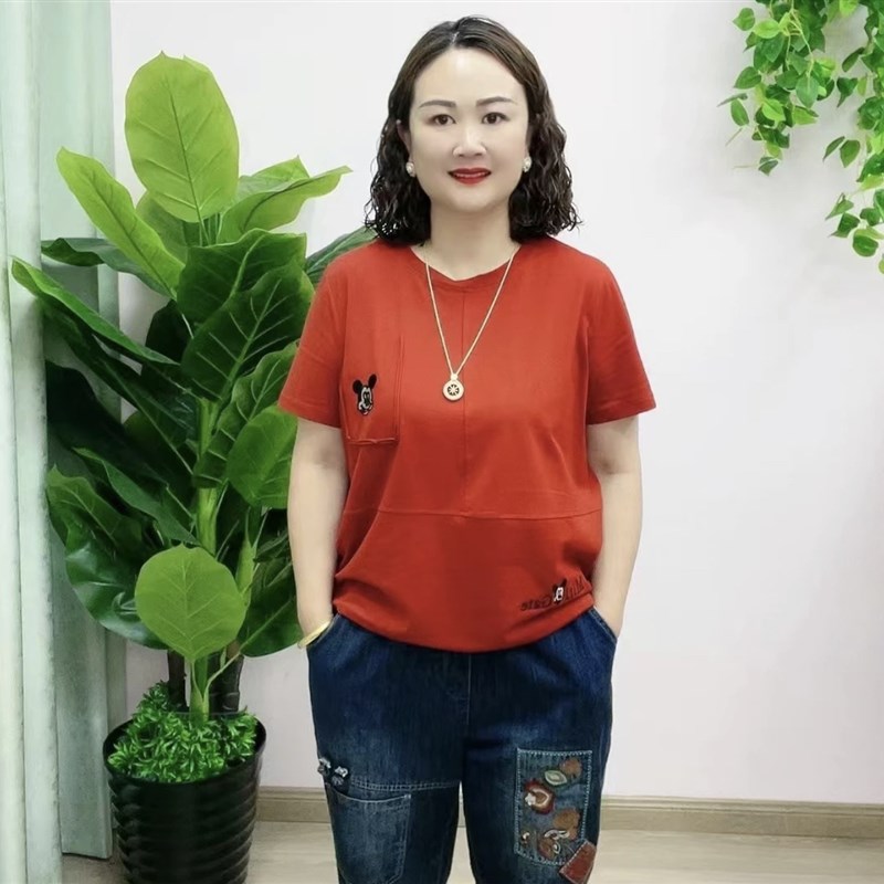 夏季2024年宽松新款T恤妈妈装女装显瘦休闲拼接短袖圆领大码卫衣图片