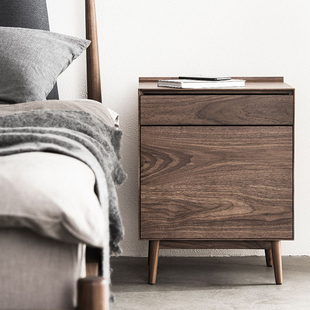 十二时慢觉来床边柜黑胡r桃木白橡实木床头柜现代简约置物柜收纳