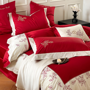 法式结婚喜庆120支床上用品四件A套全纯棉大红色床单被套嫁娶轻奢