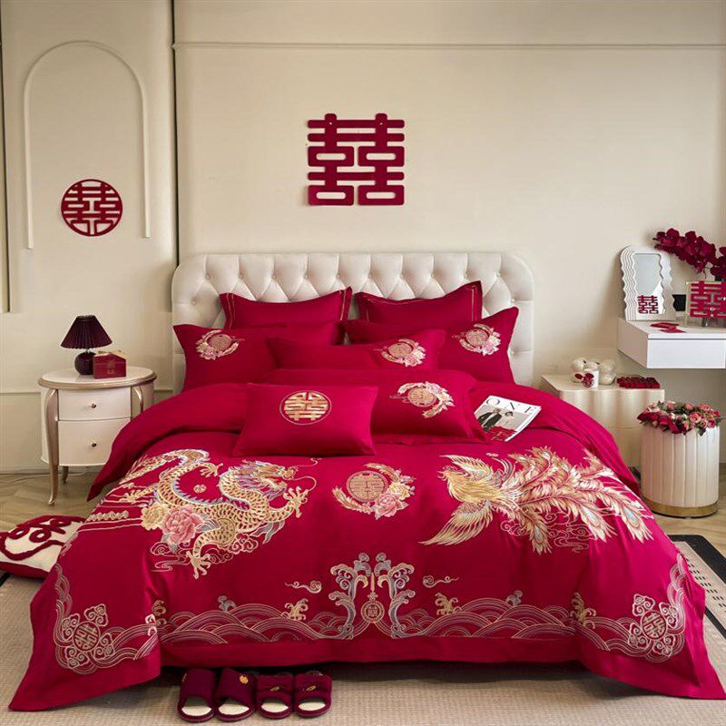 结婚四件套大红色纯棉龙凤喜庆刺绣被套全棉床单婚房陪嫁婚庆床品