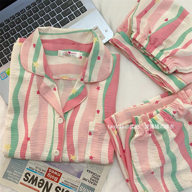 多巴胺粉色条纹睡衣女夏季梭织z纯棉薄款短袖短裤长裤三件套家居