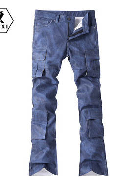 YIUX原创高品新款I工装多袋牛仔裤男修身直筒长裤潮流休闲蓝色055
