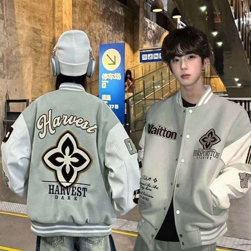 秋季国潮新款刺绣徽章拼接撞色棒球服外套男女宽松美式潮流夹克潮