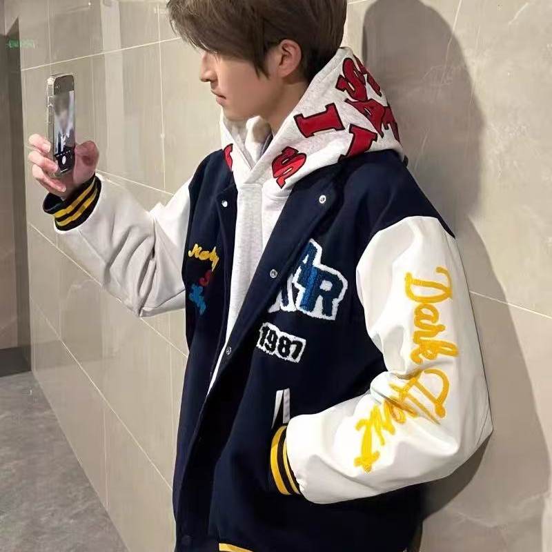 国潮美式字母植绒毛巾刺绣棒球服