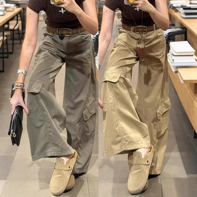 美式复古工装裤女秋2025新款小个子高腰休闲弯刀裤宽松显瘦阔腿裤