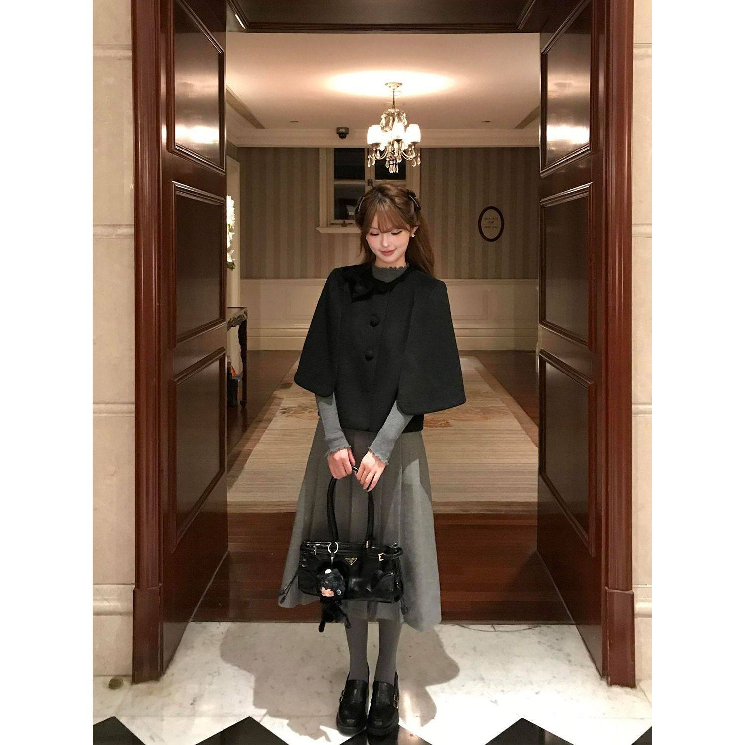 法式英伦风复古双色双排扣斗篷外套灰色针织打底衣中长裙三件套女,女装/女士精品,时尚套装,淘宝优惠券,粉丝福利购,淘宝优惠卷