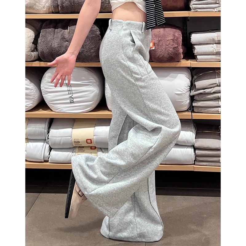 灰色运动喇叭裤女秋季2025新款宽松垂感阔腿卫裤西装腰休闲微喇裤