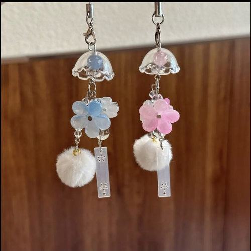 蓝粉色小花风铃挂件手机链钥匙扣
