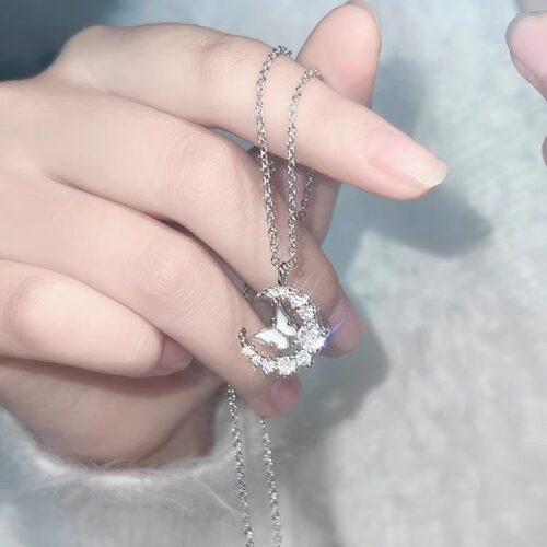 月亮闪钻蝴蝶项链ins小众简约