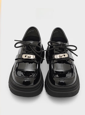 Chudiai棉麻2025新款厚底黑色女式小皮鞋真皮系带英式风格女式平