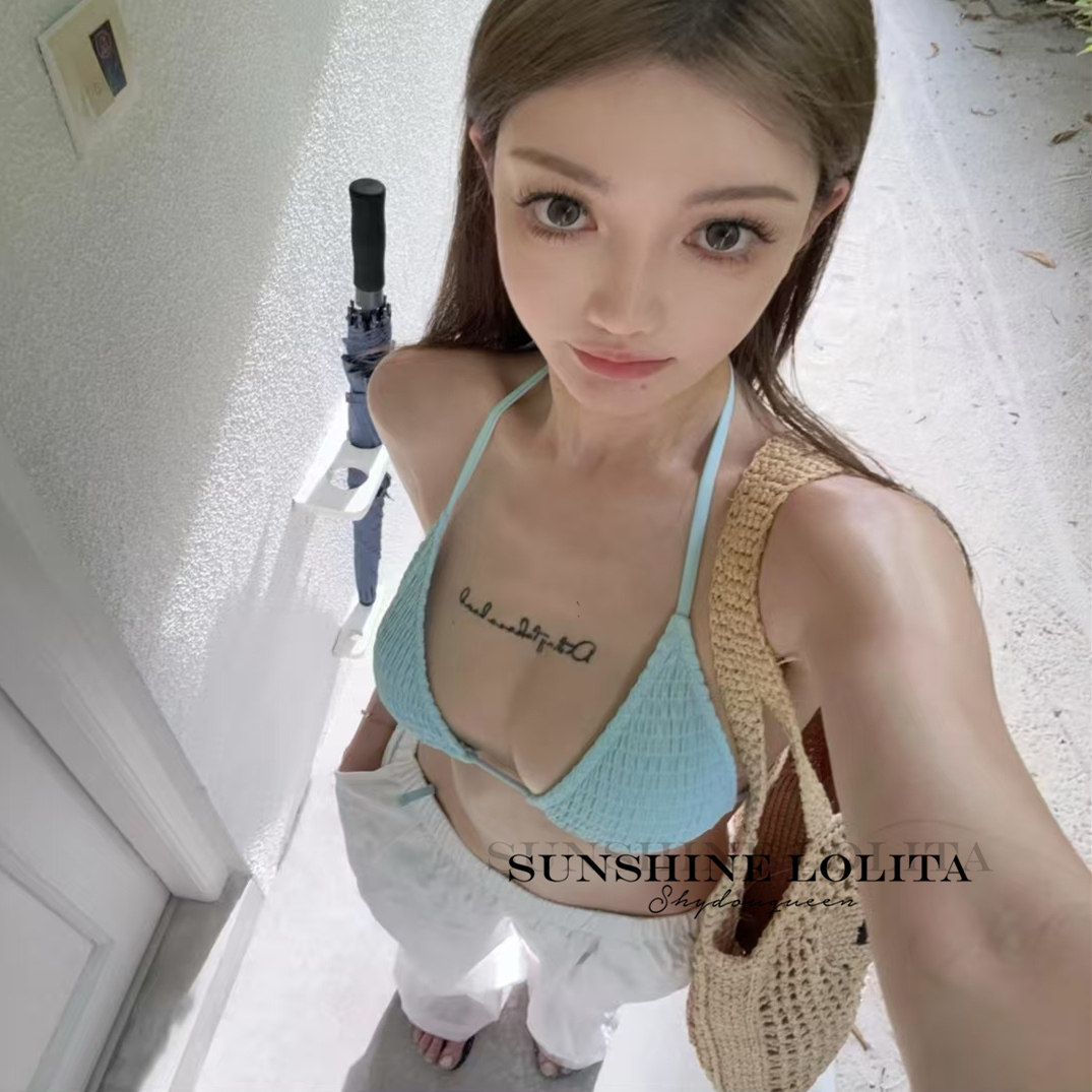 博主同款baby蓝三点式绑带比基尼小胸聚拢马代度假泳装浅紫色泳衣