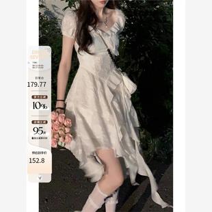 Dream Seven77法国茶歇连衣裙女士夏季新不规则褶边修身短裙
