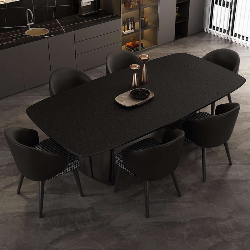 火烧石餐桌不锈钢火山石黑色大z理石餐桌椅现代简约长方形家用饭