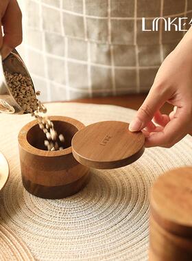 LI744NKE邻·多功能储物罐盐复古实可木调味罐收纳罐旋转盖罐糖