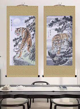 国画老虎画挂画客厅办公画室招财上山绸JY202112虎丝卷轴下饰山虎