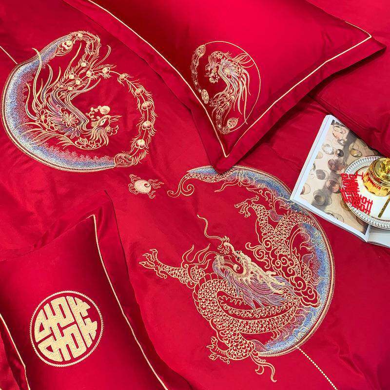 新中式龙凤刺绣四件套长绒棉被套结婚红喜被100支纯棉1.8米双人床
