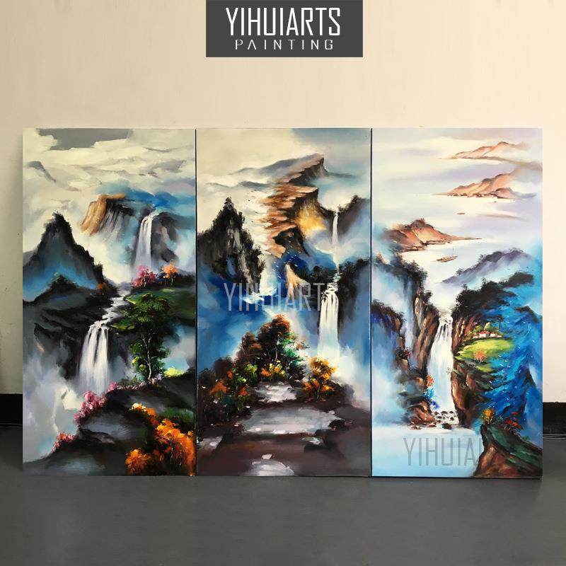 三联风景装饰画纯手绘油画现代中式客厅走廊挂画无框组合大幅壁画