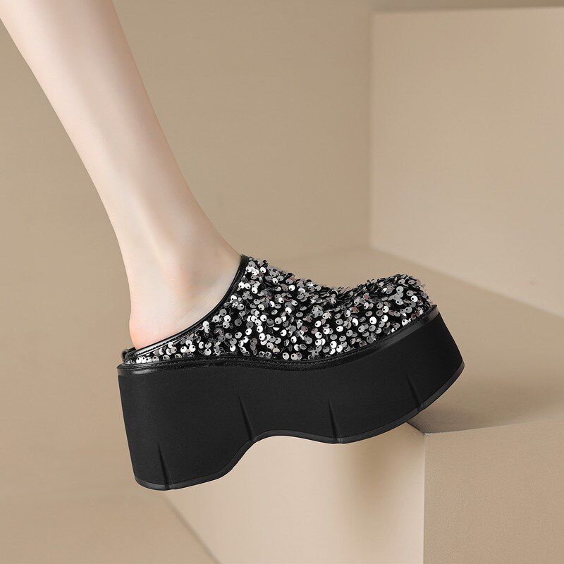 外穿厚底女拖鞋复古一字型亮片凉拖超高跟防水R台银色露趾坡跟凉