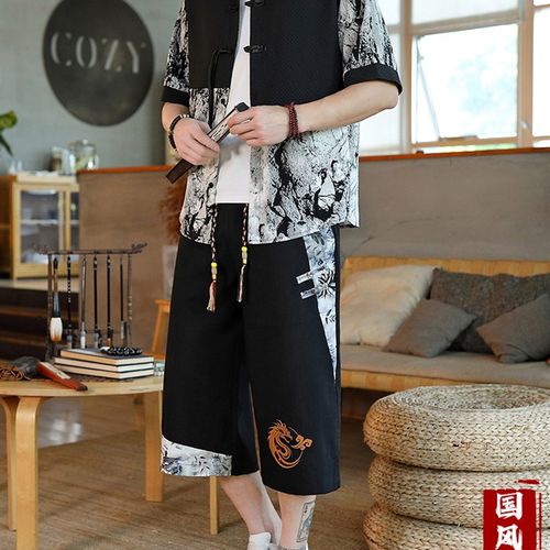 中国风短袖衬衣男士夏季套装冰丝薄款新中式国潮拼色衬衫两件套男