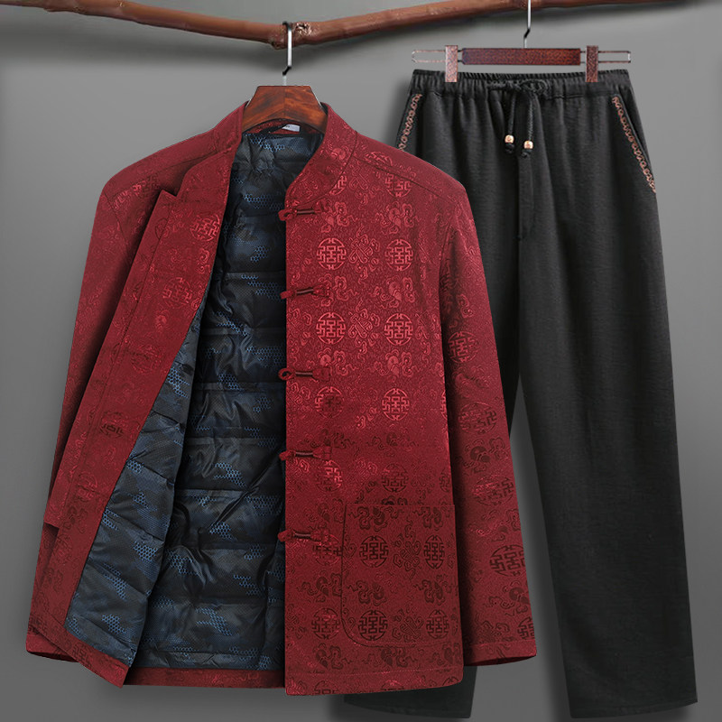 中国风唐装男士中老年羽绒服爸爸冬装外套老人生日过寿星爷爷套装
