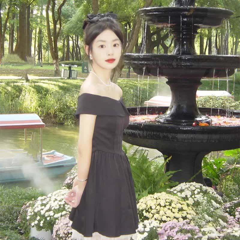 法式赫本风一字肩黑色连衣裙女2025春夏气质露肩仙女度假约会短裙
