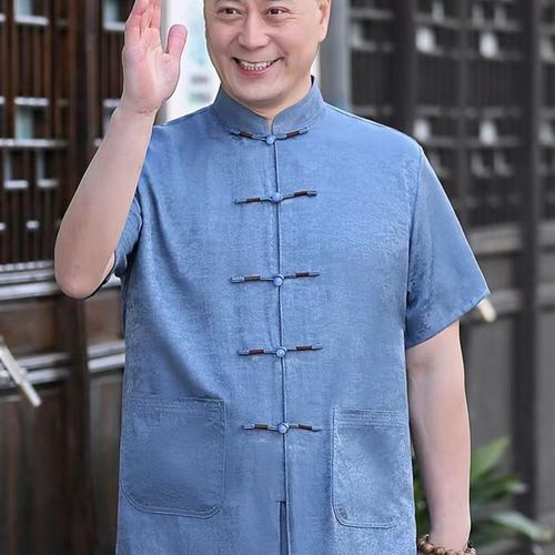 爸爸夏装冰丝薄款中老年男士唐装老人衣服中国风真丝爷爷短袖套装